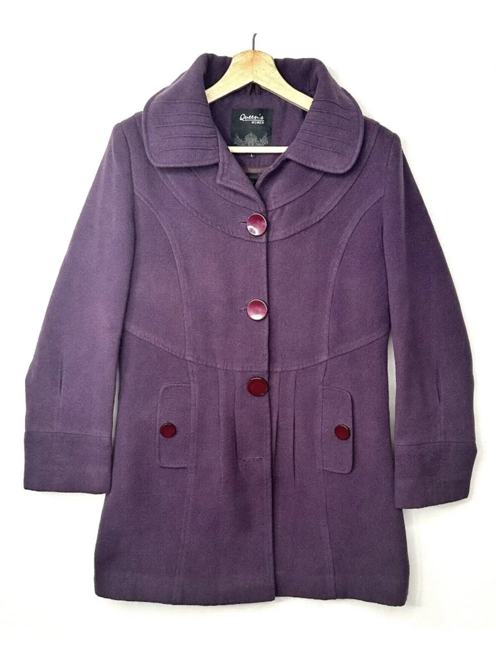 Womens Wool Blend Dress Coat Purple L Shawl Collar Button Front Lined Queens